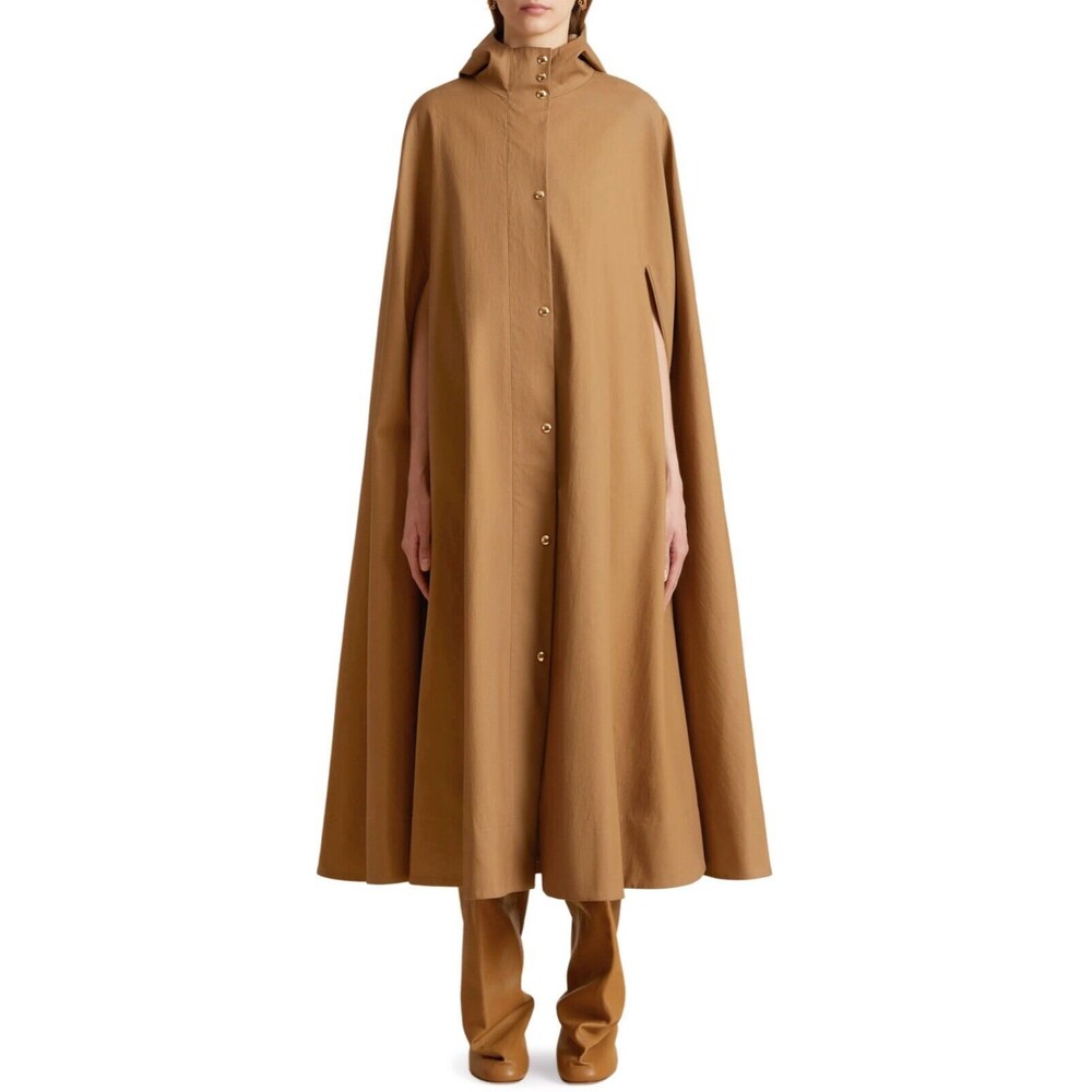 $3800 Khaite Roygen Women's Hooded Cotton Blend Cape Coat Jacket in Khaki Size S